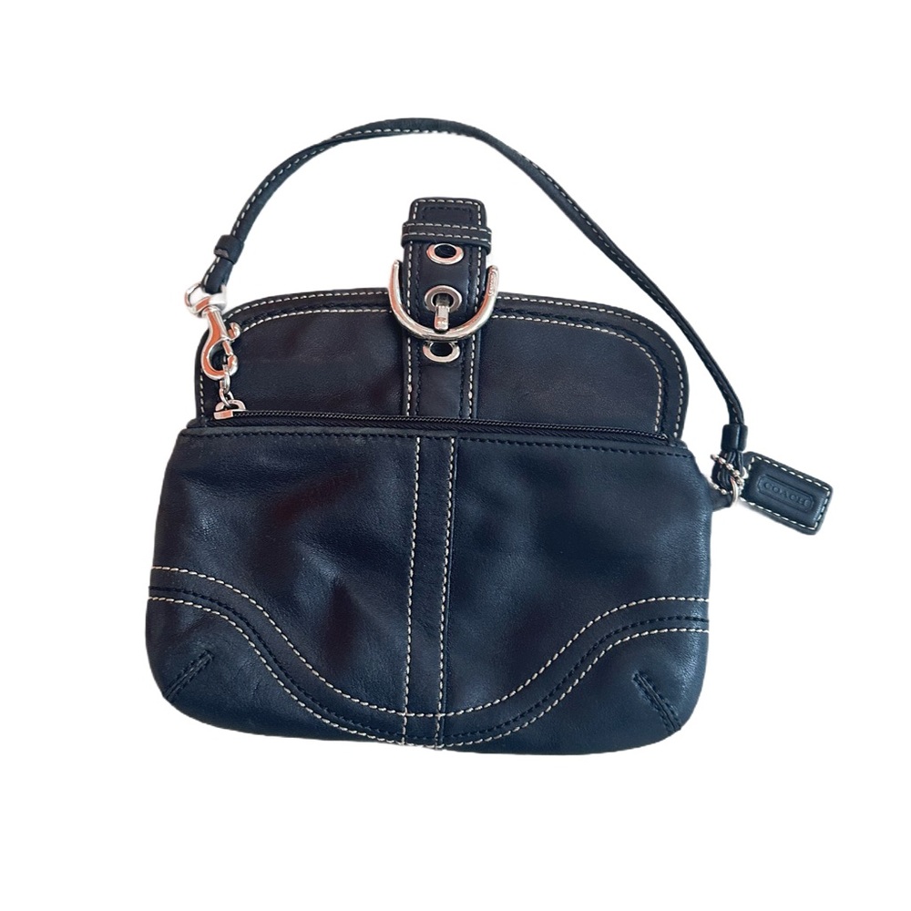 #69 COACH ~ Black Leather Wristlet Off White Contrast Stitching Silver Hardware - Picture 8 of 12